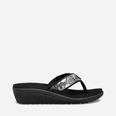 Teva Voya Wedge - Women's Teva Flip Flops - Black / White / Silver | India (XSQI13846)